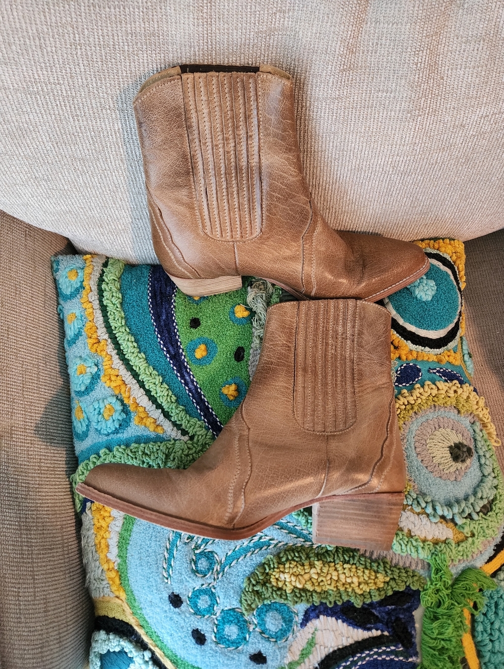Tan Leather Western Ankle Boots